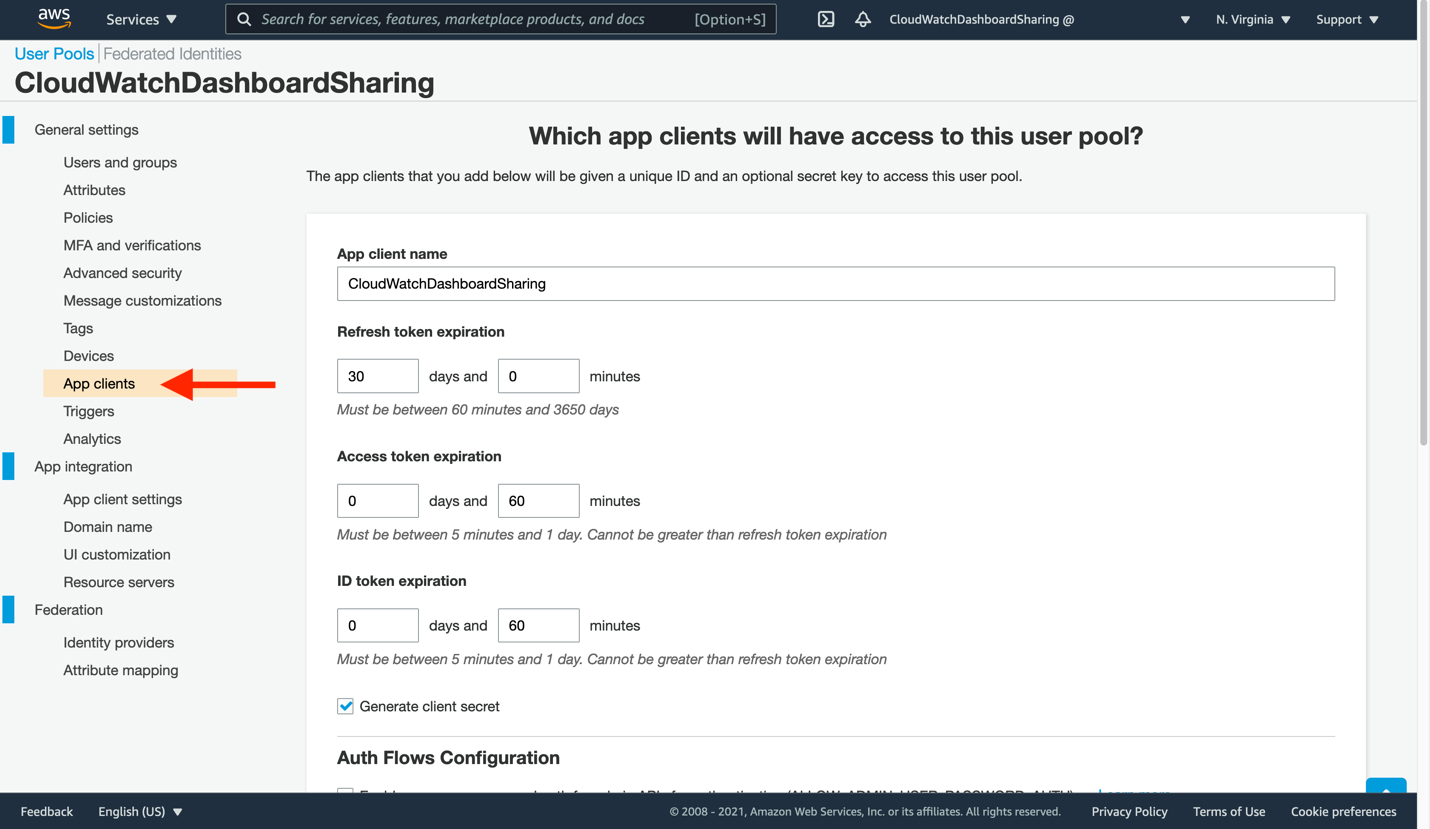 The App clients section of the Cognito interface is located under General Settings for the CloudWatchDashboardSharing user pool.