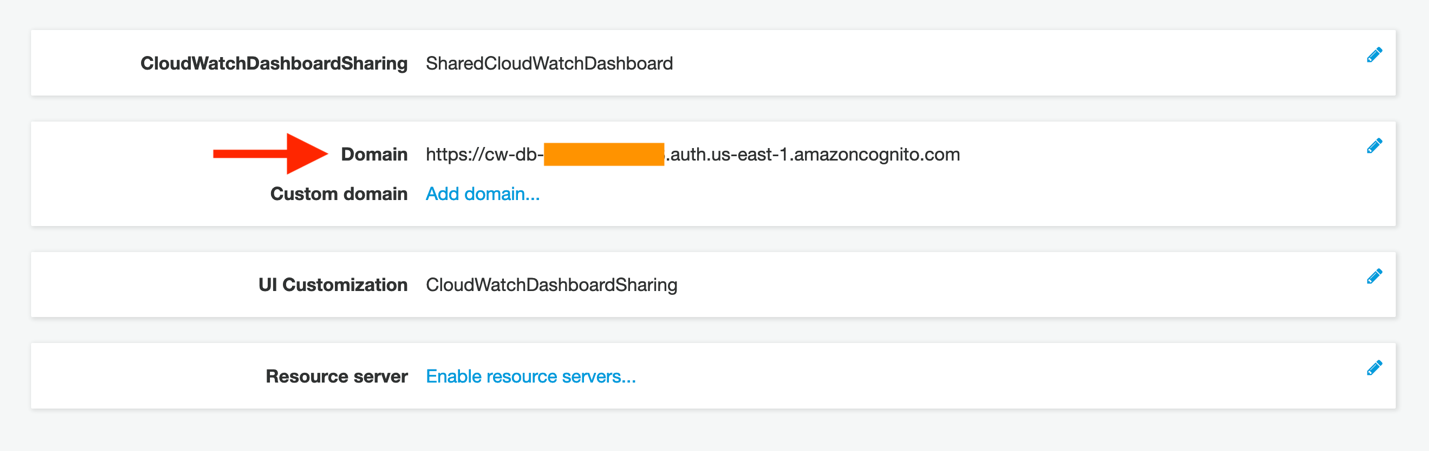 The domain name for the new CloudWatch dashboard user pool in Cognito is now available from the Cognito console.