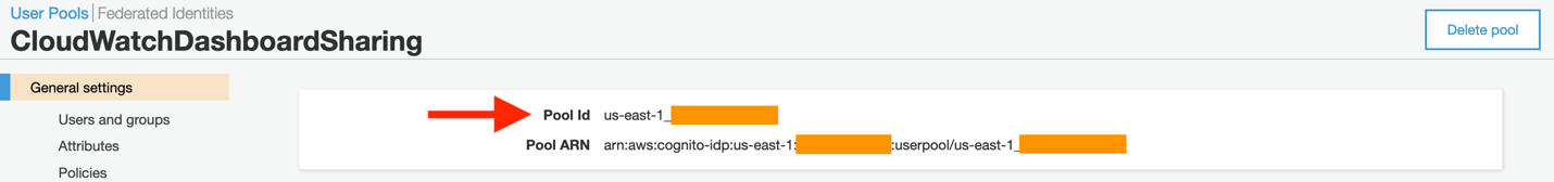 Within the general settings of the Cognito user pool, view the pool ID and copy this for the next step.