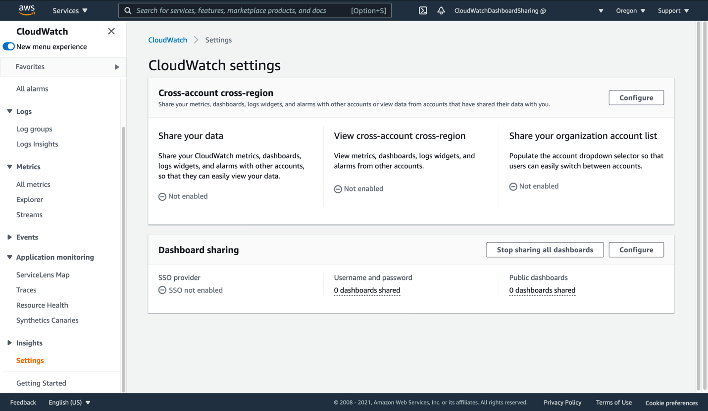 This is the standard view of the Amazon CloudWatch settings page, with no sharing or other features currently enabled.