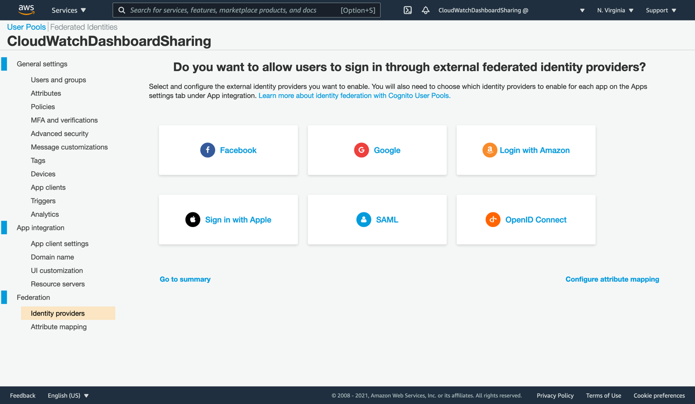 The default Cognito console view will display available identity providers. We will be utilizing the SAML provider option.