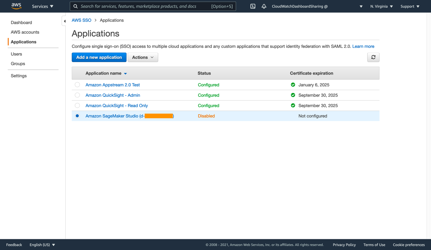 AWS SSO lists the configured applications within this account.