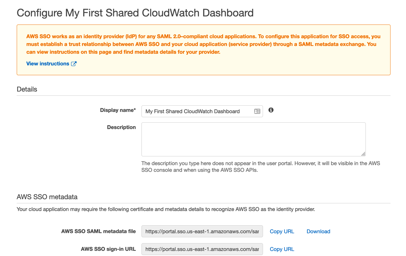 Starting the AWS SSO application creation process, you are asked for a display name and description.