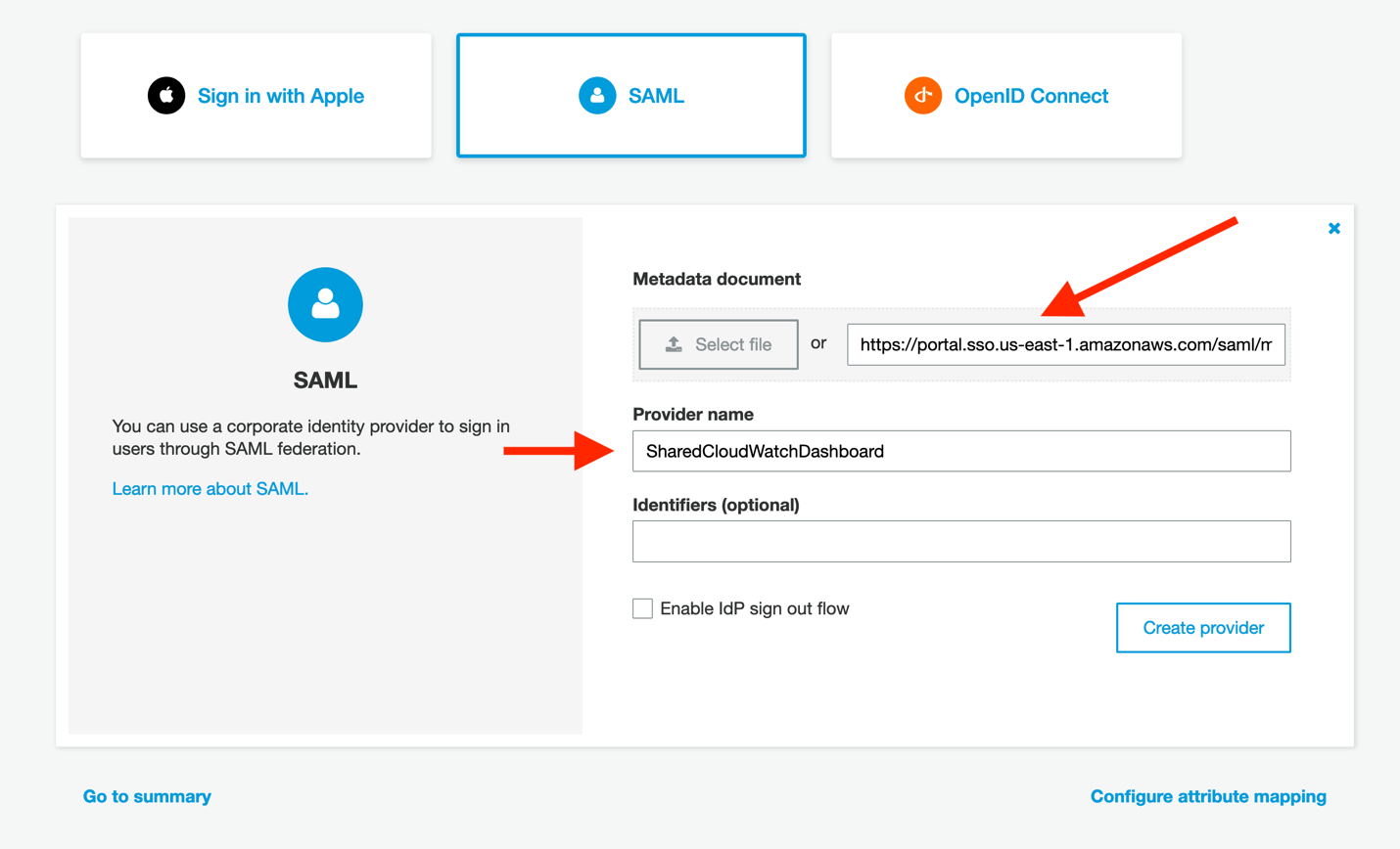 When configuring Amazon Cognito, be sure to paste the URL for the AWS SSO metadata document, and then a create a provider name.