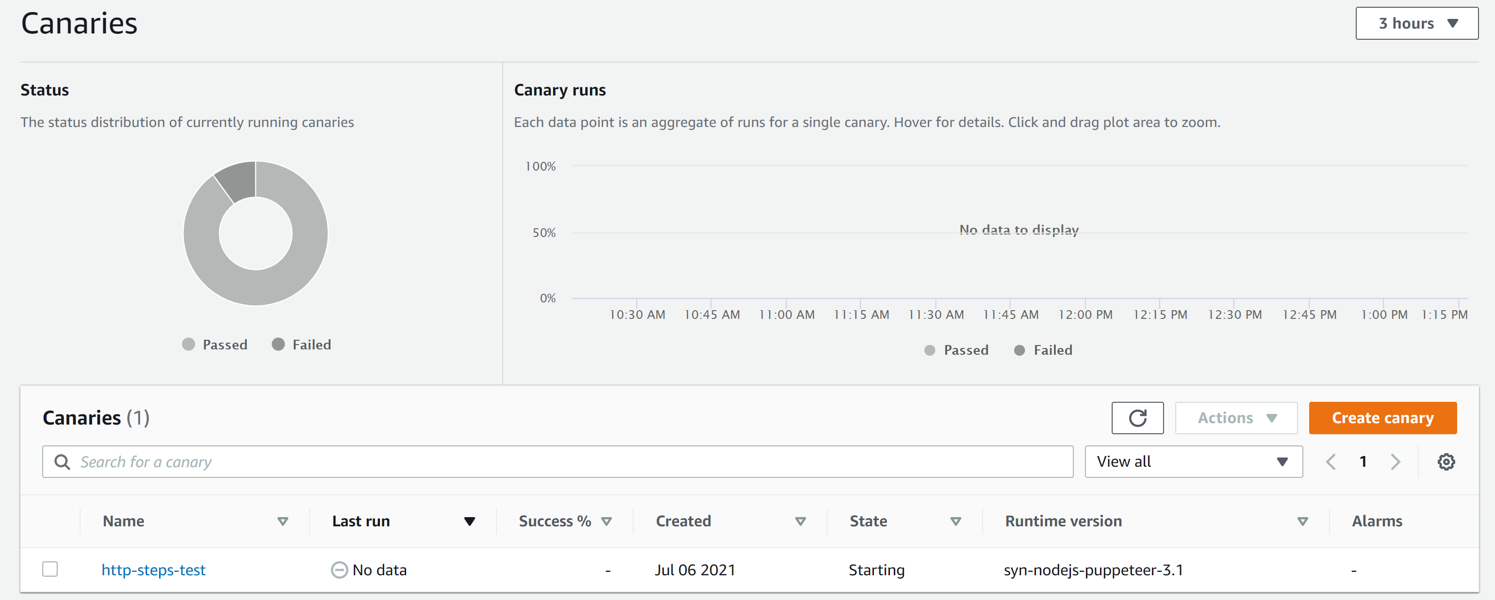 Canaries page showing one canary with the status of "starting"