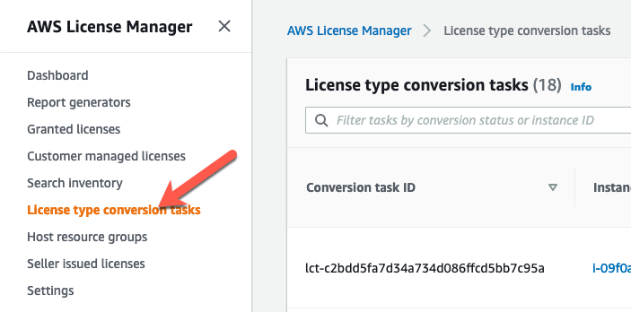 License conversion tasks in the console.