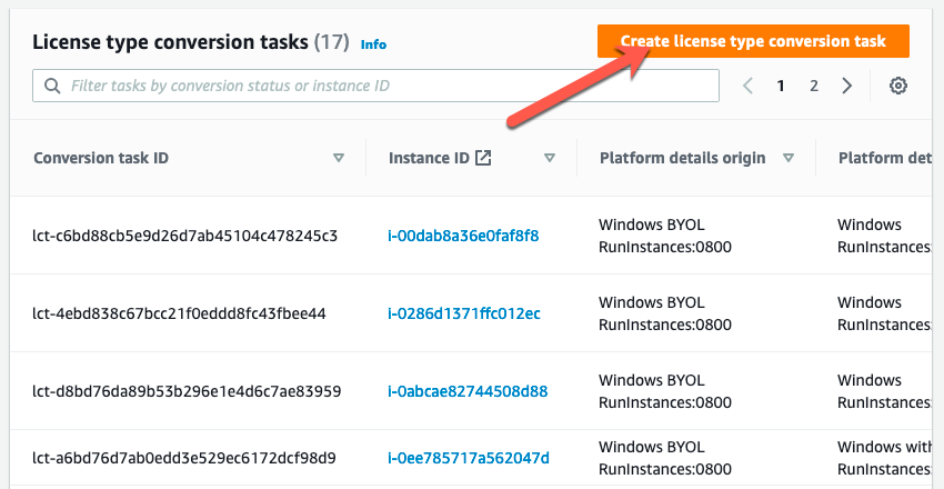 Creating a new license conversion task.