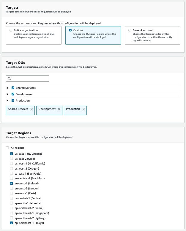 Under the Targets section, you can select the option to apply the configurations on the entire organization, only on the current account, or select the custom option to choose which OUs and Regions Quick Setup will deploy the configurations