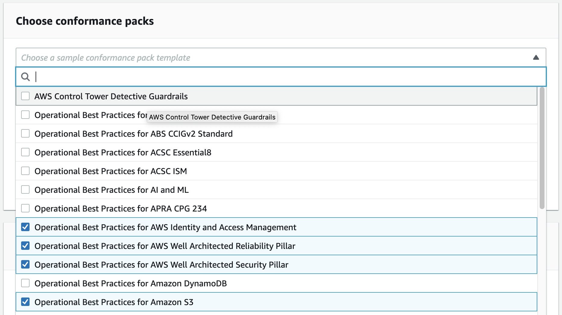 This screen displays the available options for conformance packs, including Operational Best Practices for S3, Operational Best Practices for AWS Well Architected Security Pillar, etc. On this screen you can select up to 5 options.