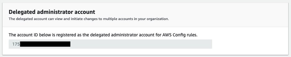 This screen displays the account ID registered as the delegated administrator account for AWS Config rules.