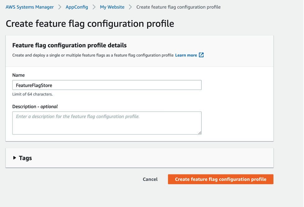 Enter the name of the feature flag configuration profile and optional description or tags