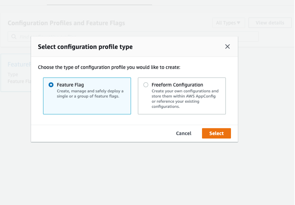 Choose feature flag on the modal that has the two options as feature flag and freeform configuration