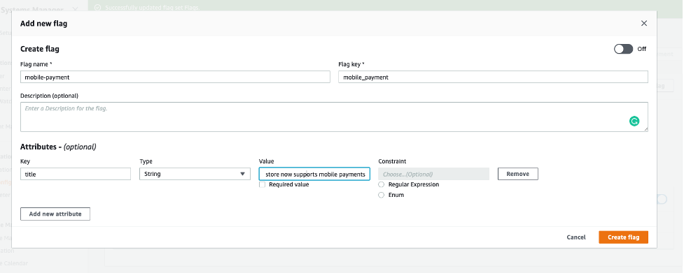 Create mobile-payment flag with an attribute called title and enter value