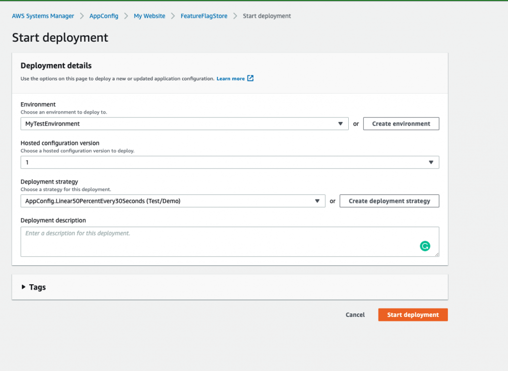 Start Deployment page with Environment, hosted config version and deployment strategies selected 