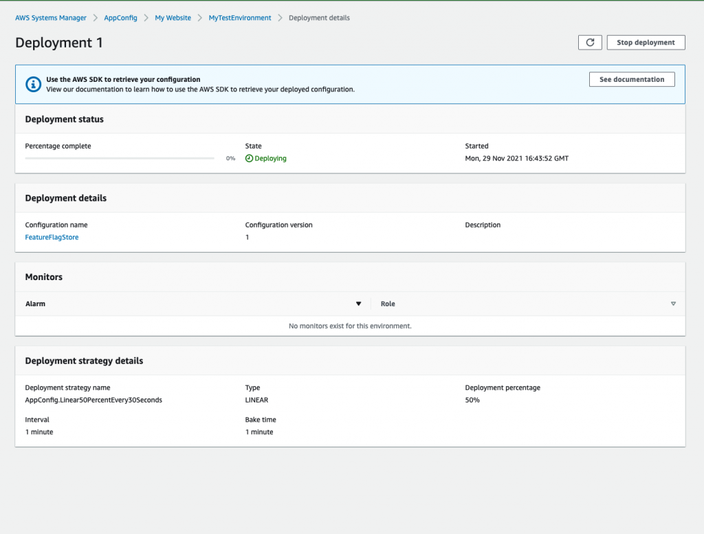 Deployment details page with deployment in progress