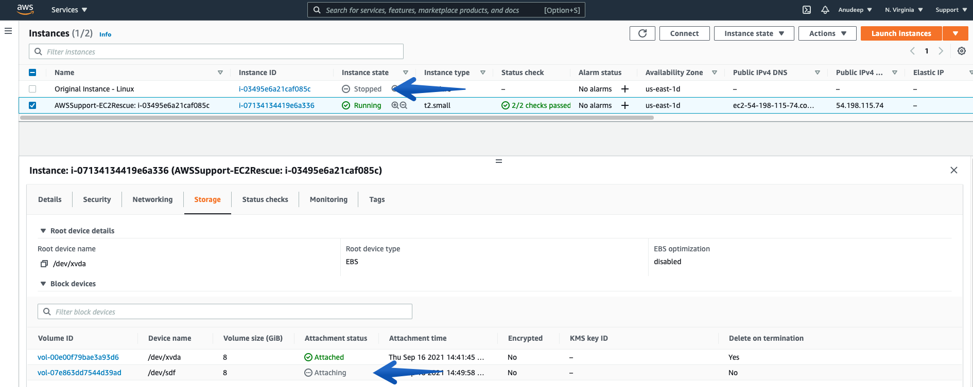 Next, to stop the original instance, detach the root volume from the original instance, and then attach it to the Rescue instance launched in the previous step. 