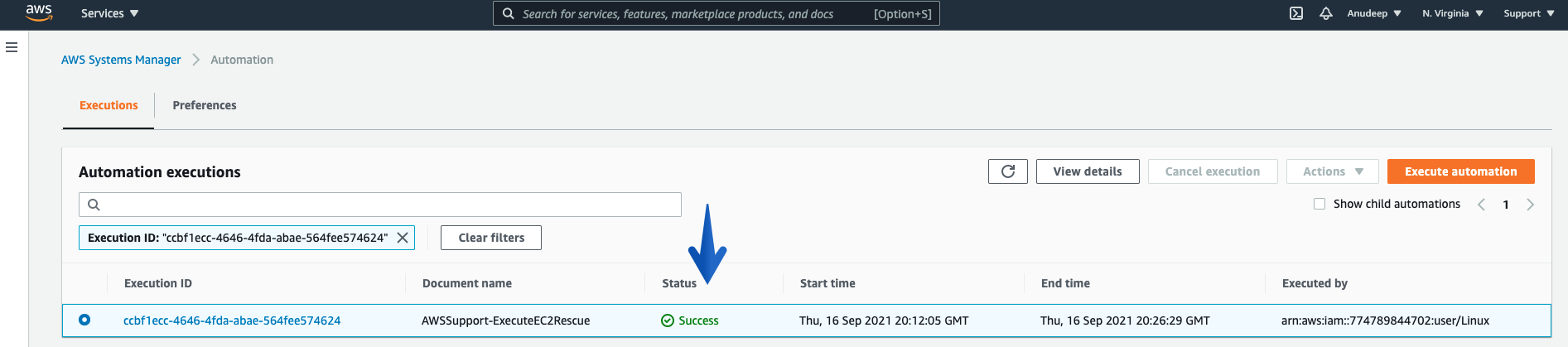 Under Automation executions, you will see the AWSSupport-EcecuteEC2Rescue completed successfully. 