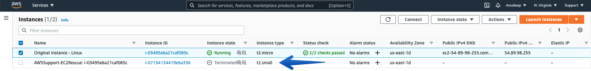 In the Ec2 console, you will see that the Original Instance is in the running state, and the Rescue instance is not terminated. 