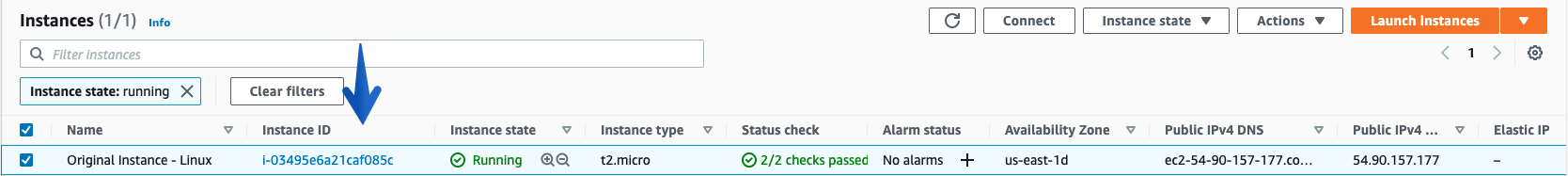 Under EC2 console, I have selected the test instance where I will be modifying the permissions of /home/ec2-user for this example.