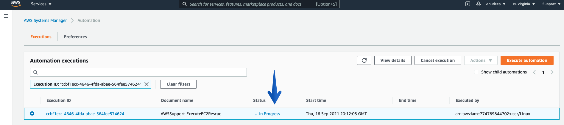 Automation console page shows that the CLI execution that was initiated is In Progress. 