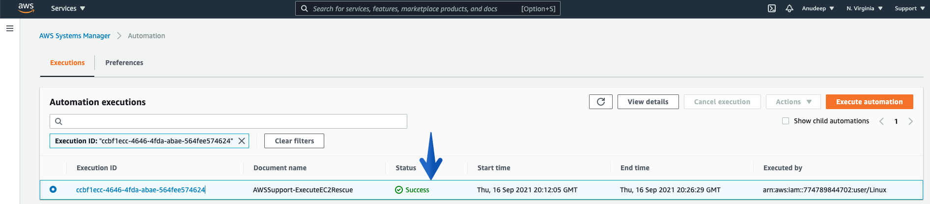 Automation console page shows that the initiated CLI execution is completed successfully.