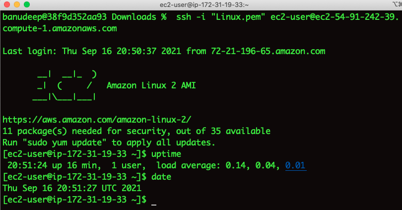 Putty screen shows that the log in to the EC2 instance is successful. 