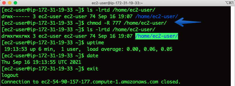 Using Putty, log in to the EC2 instance and navigate to /home/ec2-user, and then modify the permissions of EC2 home folder to 777 using chmod -R command. 