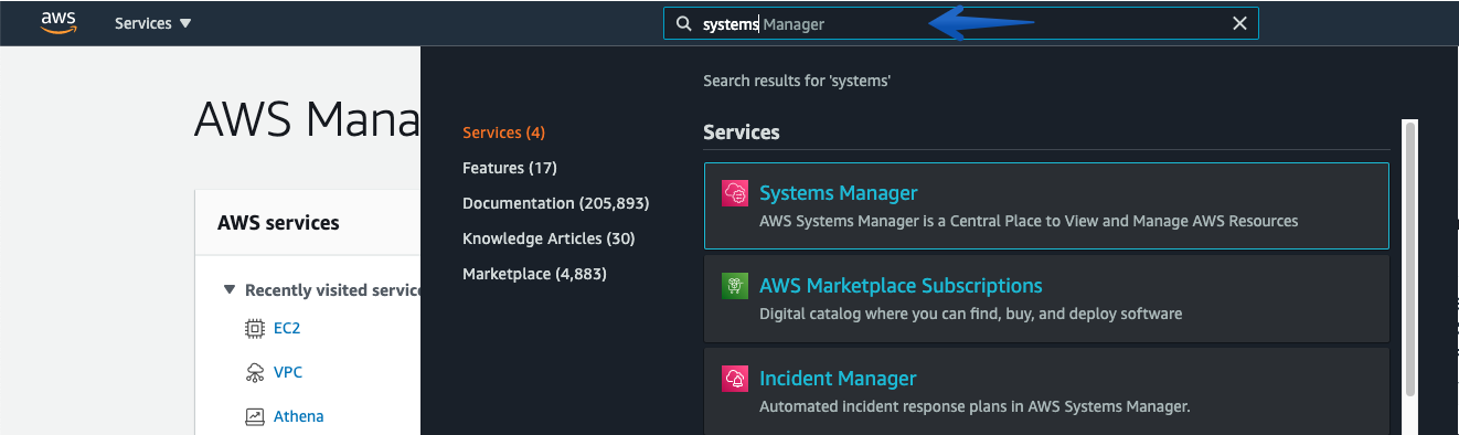 Under AWS Management Console, search for Systems Manager.