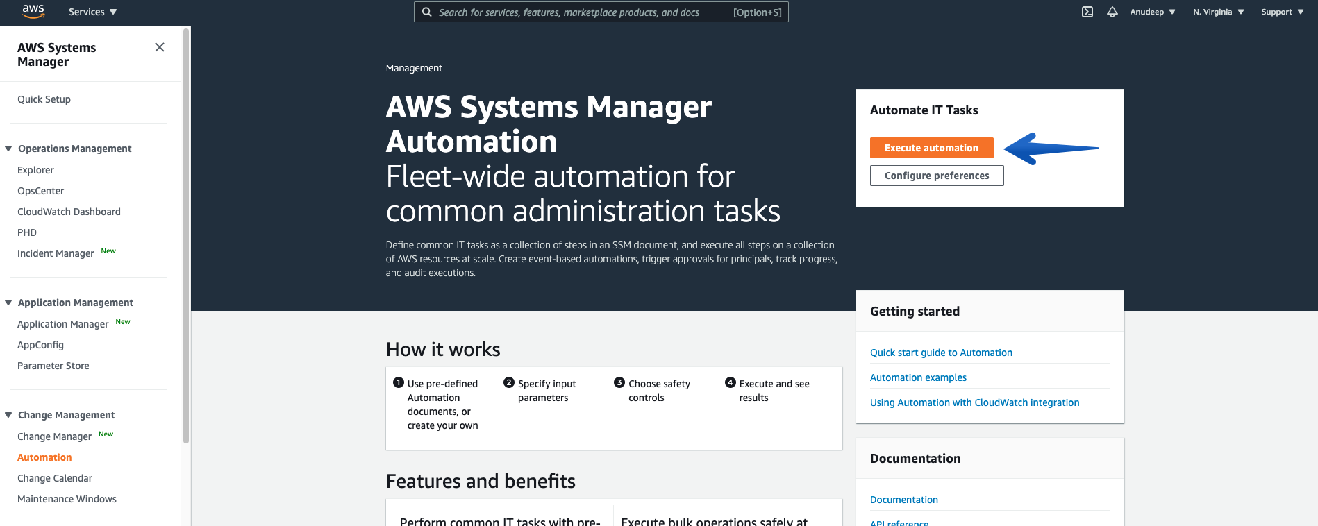 In the Systems Manager Console, select Automation under “Change Management”, and click “Execute Automation” 