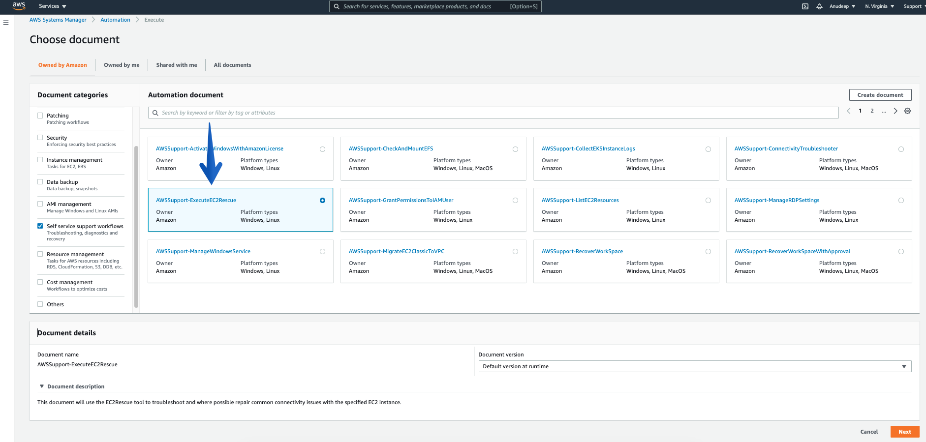 In the Automation Console, under Document categories, select Self-service support workflows, select the document “AWSSupport-ExecuteEC2Rescue”, and click Next.