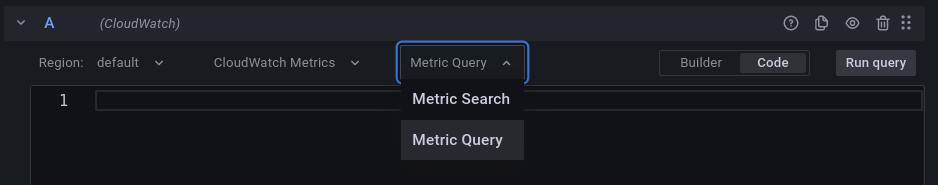 To use Metrics Insights in the CloudWatch plugin in Grafana, select Metric Query