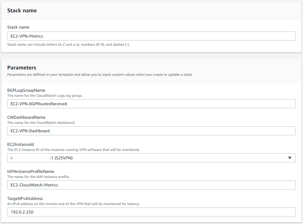 The CloudFormation template has user-specified parameters that must be specified to continue.