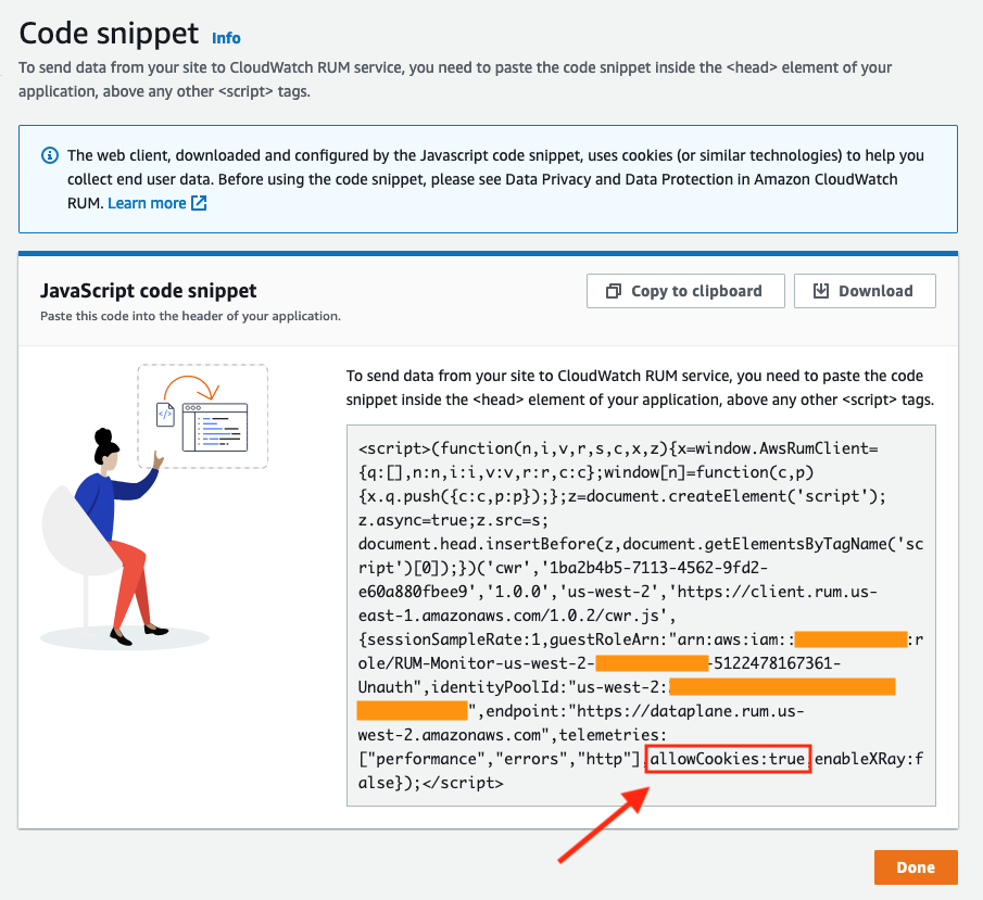 The default, standard script that is generated for a new application monitor. This example shows the allowCookies value set to true.