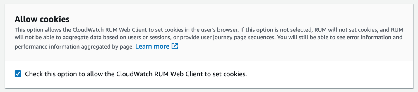 Enabling cookies can be done from the RUM console, which generates a version of the web client configuration.