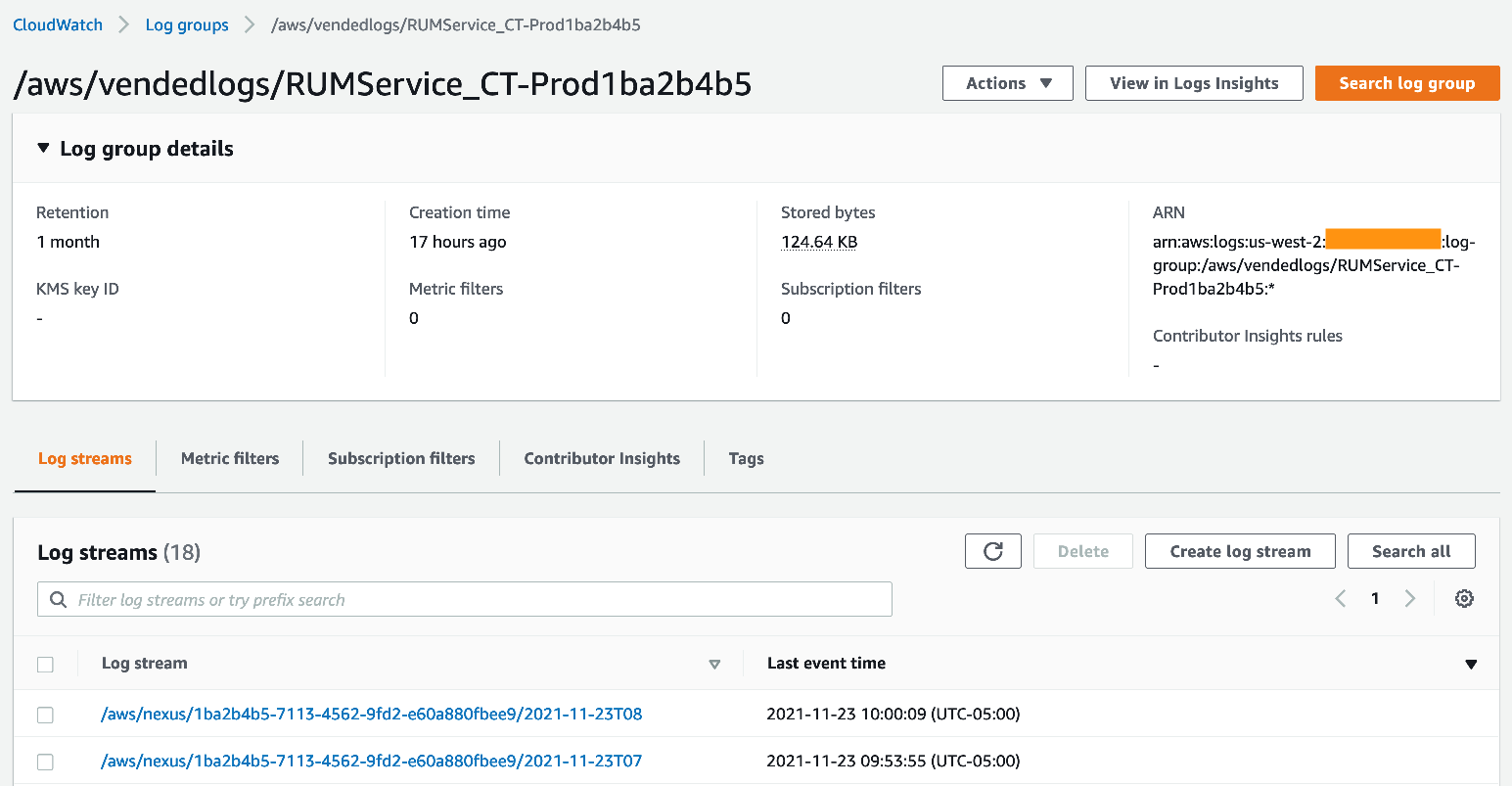 This is a screenshot of the vended log group in CloudWatch Logs, showing the current log streams and other configuration data.