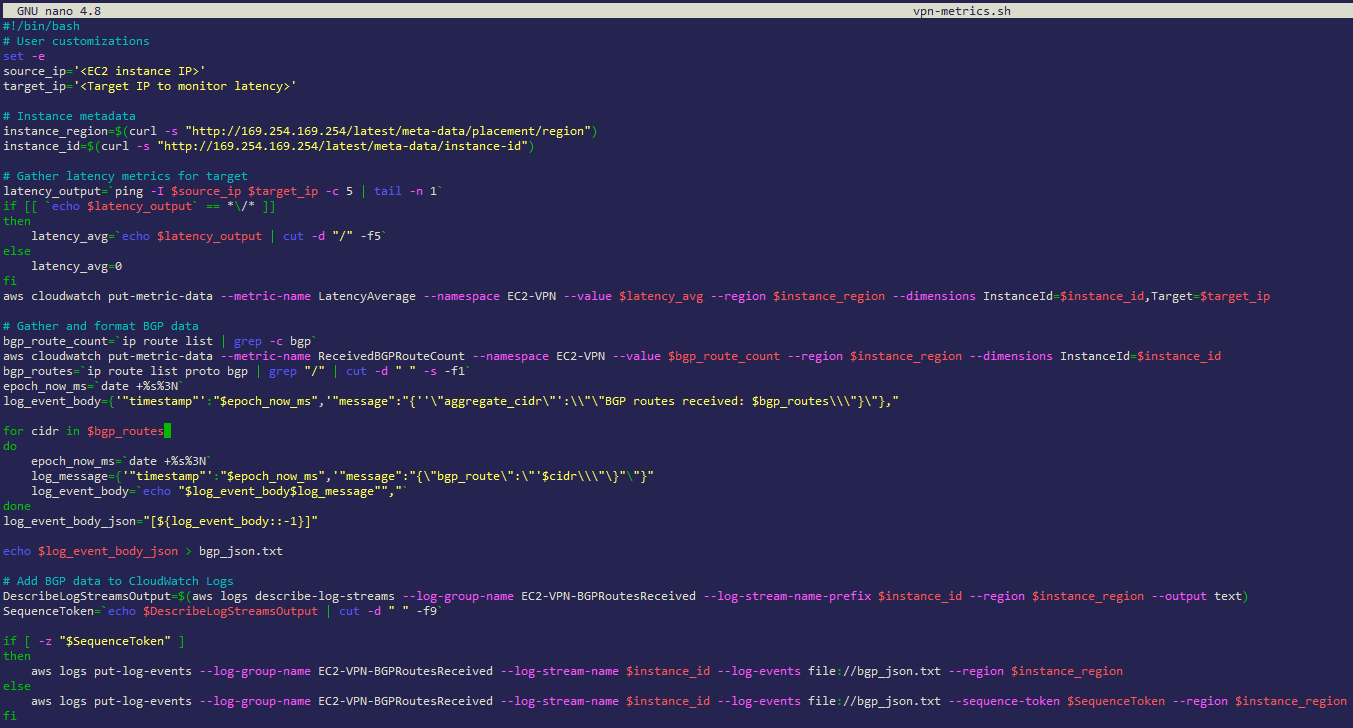 In the following steps, you will create the vpn-metrics.sh script on your EC2 instance using the nano text editor.