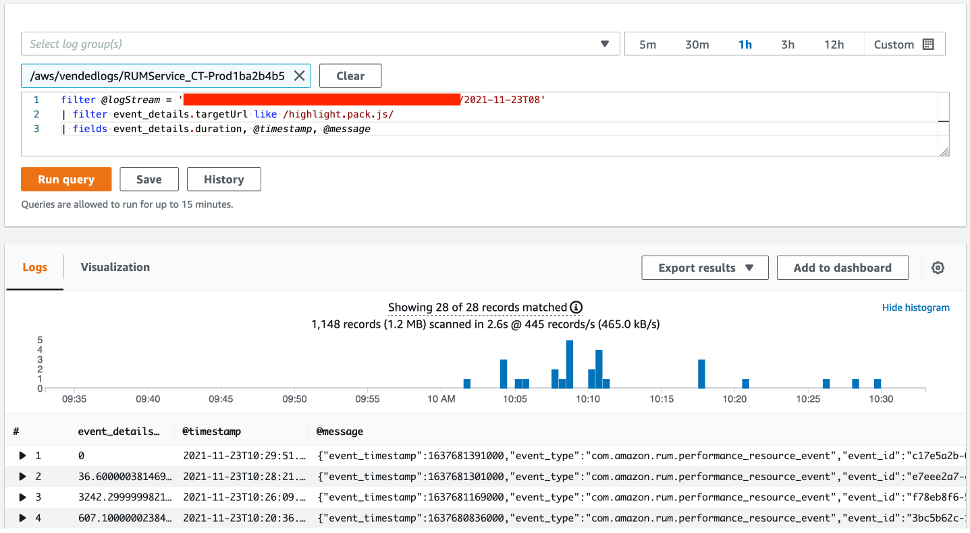 The visual results of searching for the highlight.pack.js resource within the CloudWatch Logs Insights console. 