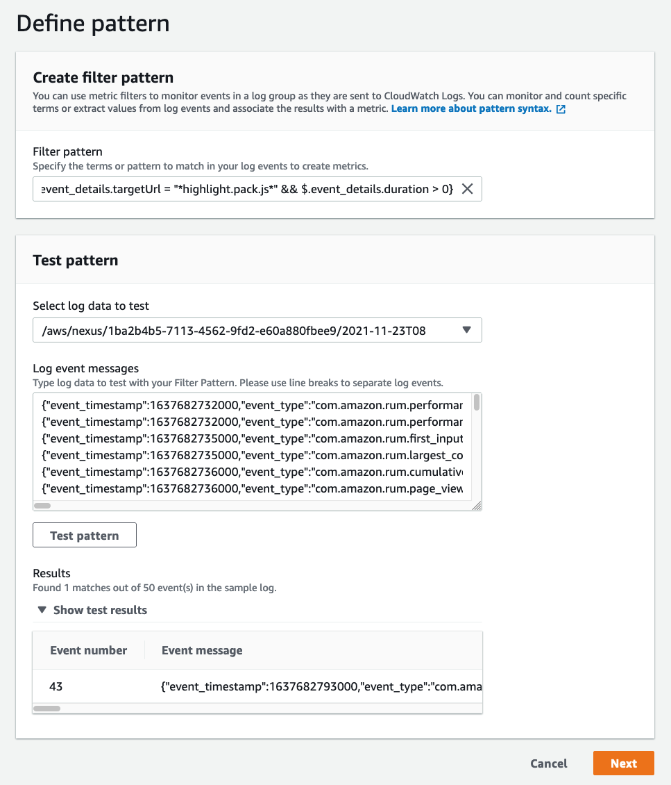 Creating a metric filter can be done in the console, as shown here, or optionally from CloudFormation or the AWS CLI.