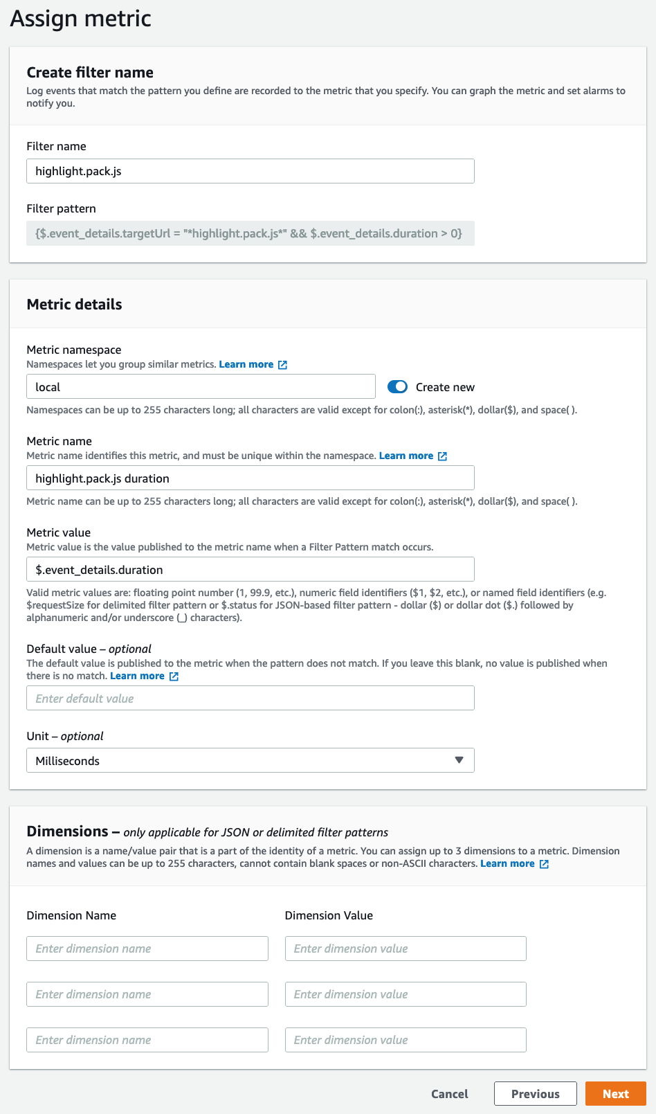 The second page of creating a metric filter is where you define the namespace, unit type, and the data you are extracting – in our example, the duration.