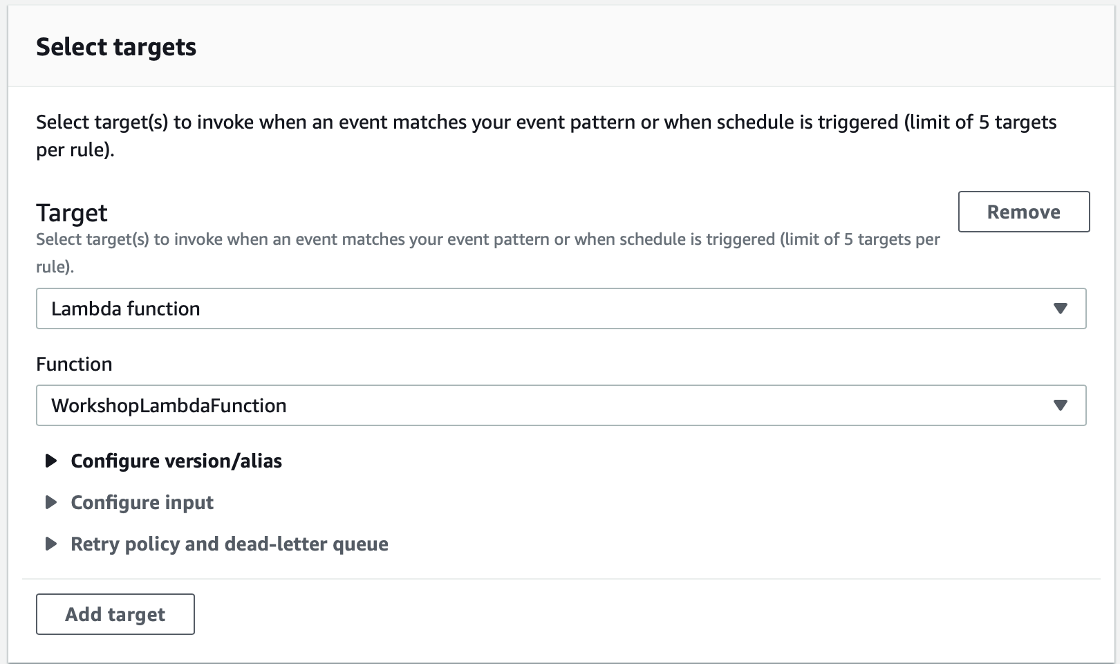 The Select targets dialog in the EventBridge console.