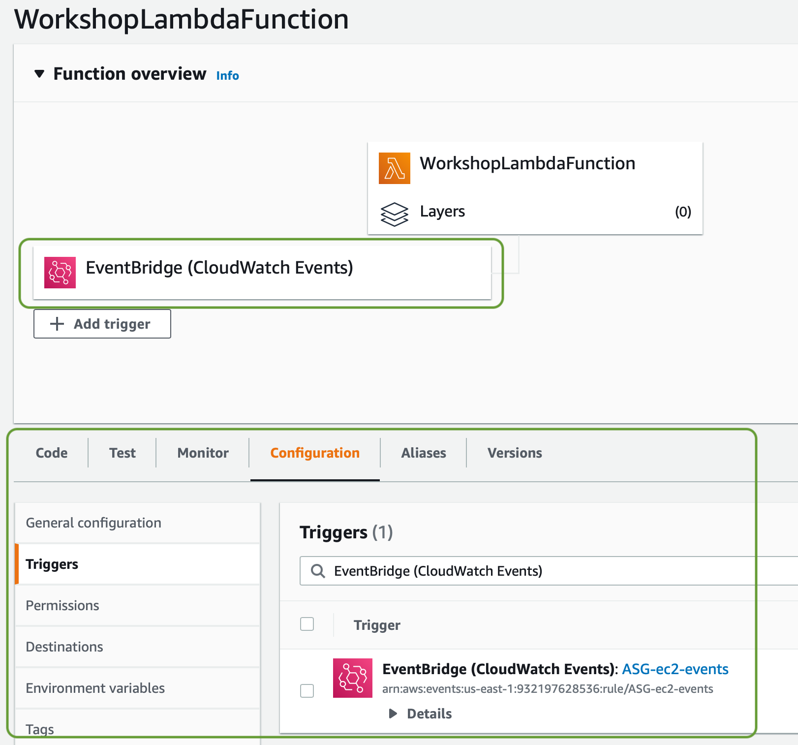 Sample of the AWS Lambda console showing the EventBridge trigger.