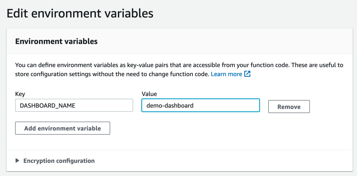 Configuration of the Lambda function environment variables.