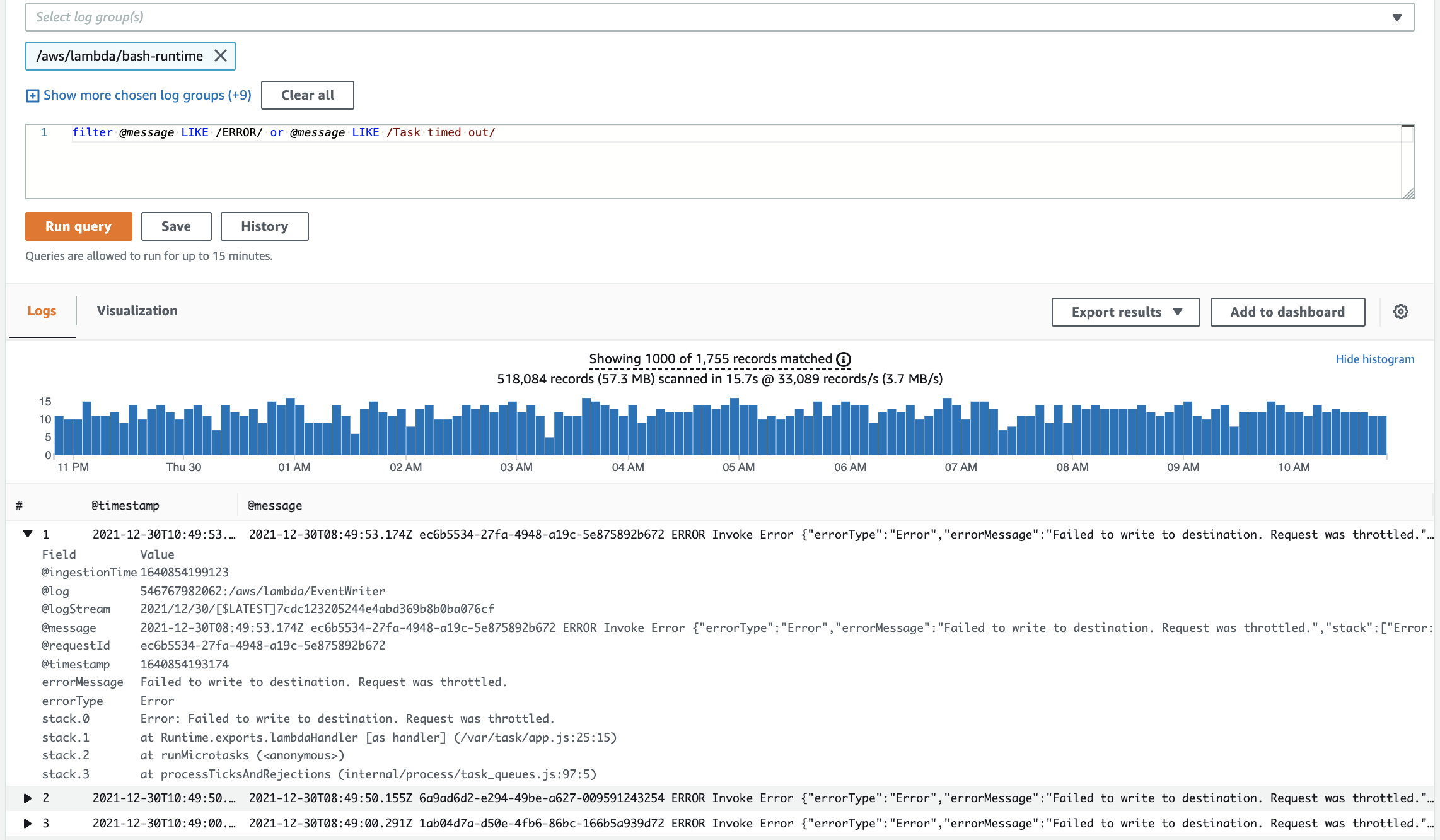 Logs Insights Error Query Results