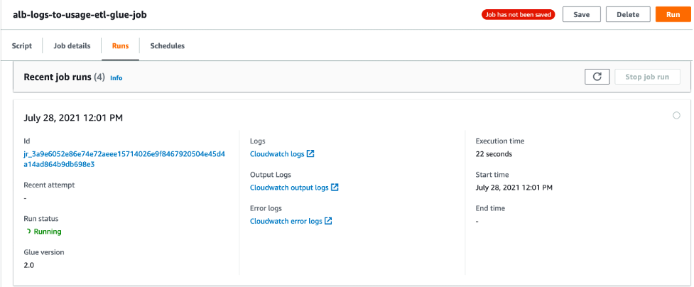 View of the running Glue ETL job in AWS Glue Studio