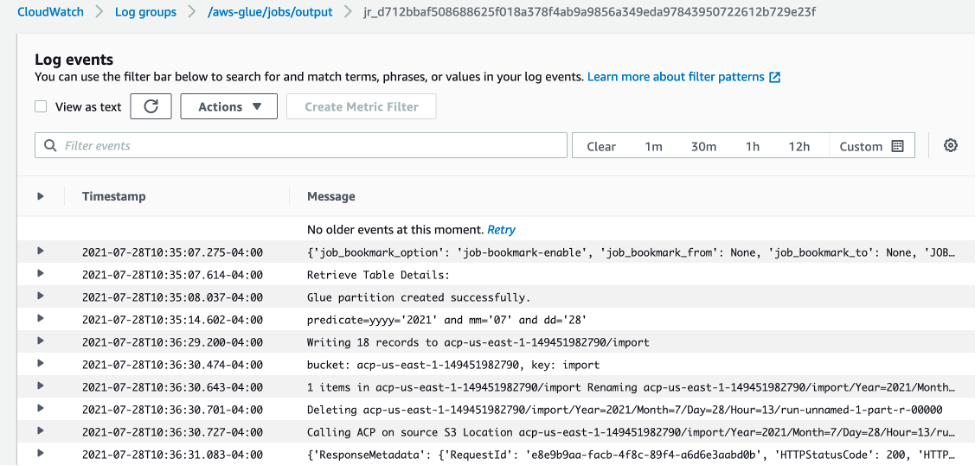 View of the Glue ETL job logs in Cloudwatch