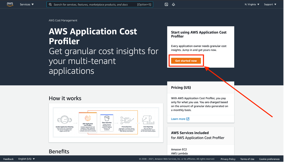 AWS Application Cost Profiler landing page in the AWS Console