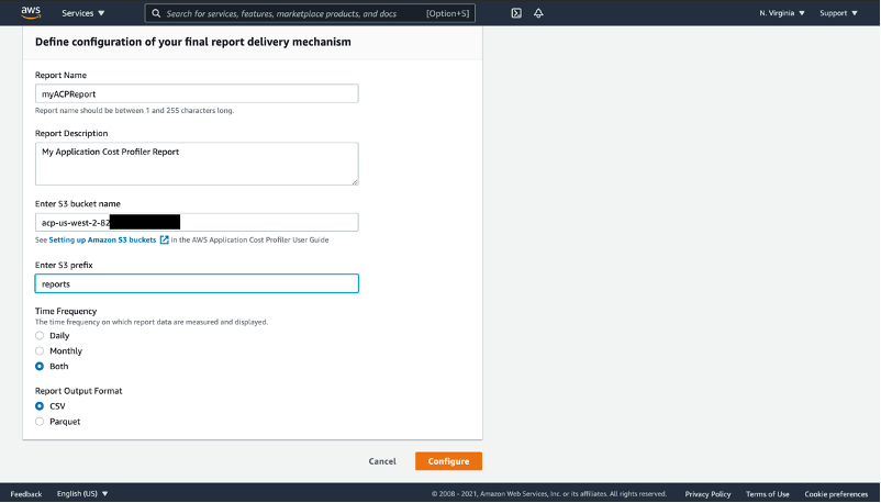 AWS Console UI for defining the configuration of the ACP report delivery