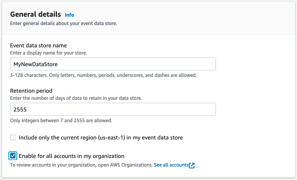 General details screen for the event data source creation page. User can specify retention period, and options for multi account and multi-region