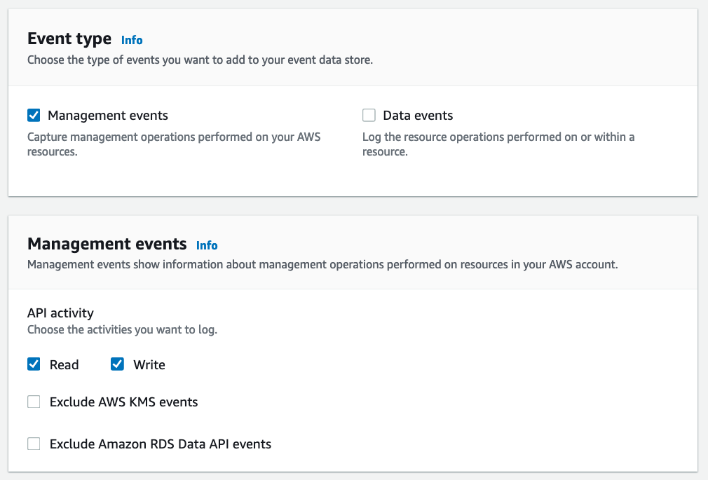 Choose events screen that allows users to specify the CloudTrail events that will be part of the event data source. You can also set options to exclude certain API activity. 