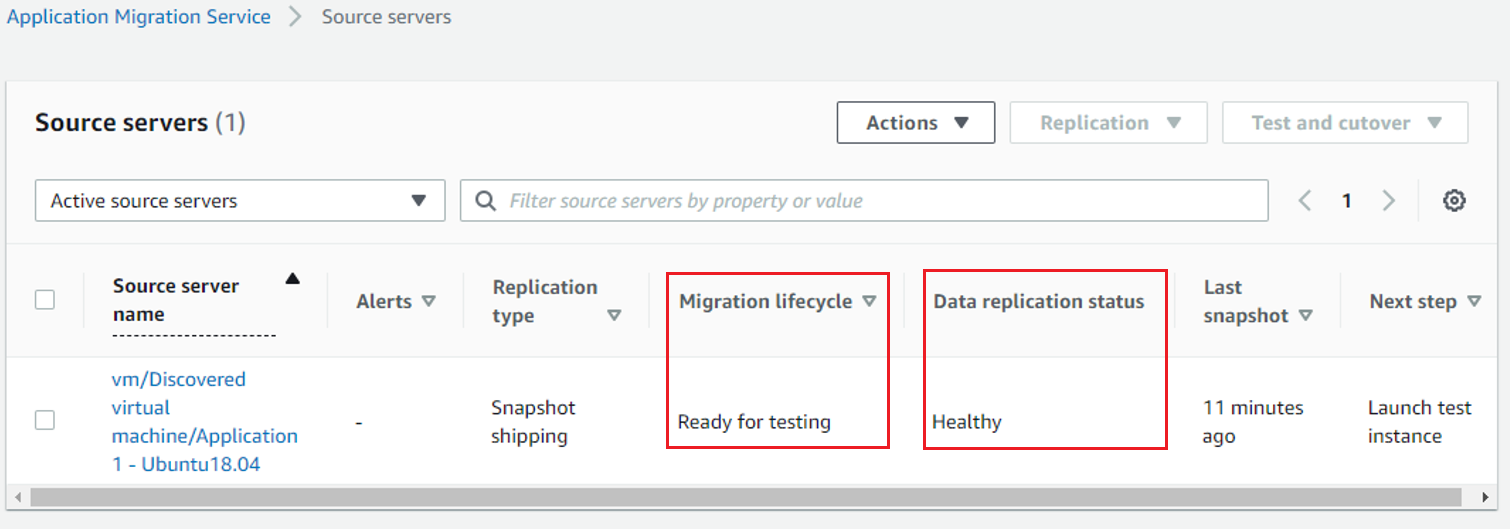 MGN console showing 1 VM in "Active source servers" list with the status of "Ready for testing" for "Migration lifecycle" and the status of "Healthy" for "Data replication status"